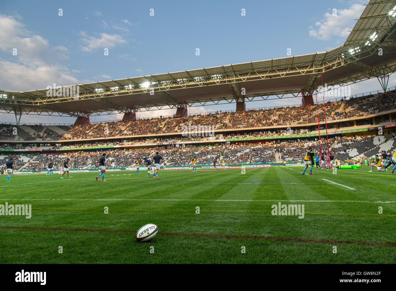 Scenic view of the Mbombela stadium with a rugby ball in the foreground, 20 August 2016. Springbok Rugby test versus Argentina Stock Photo