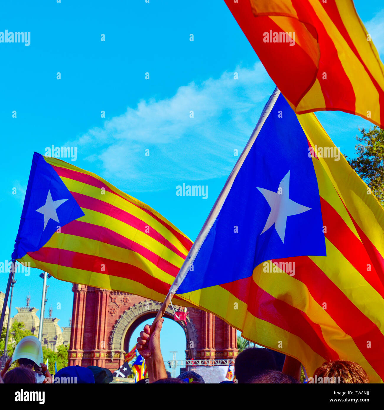unrecognizable people partaking in a rally in support for the independence of Catalonia in Barcelona, Spain, during the National Stock Photo