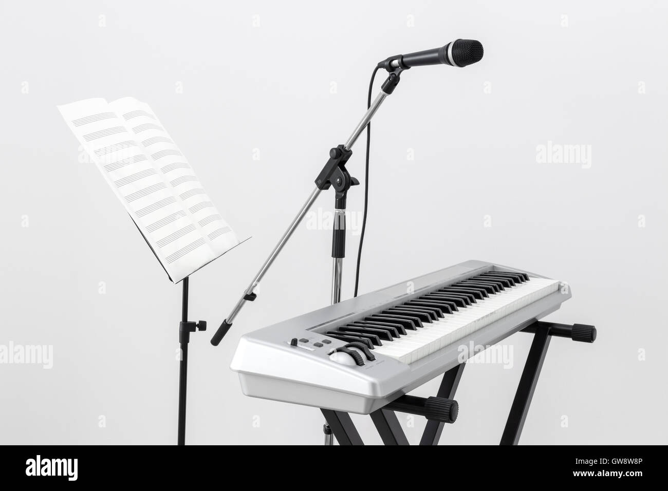 Electric piano, microphone and music stand Stock Photo Alamy