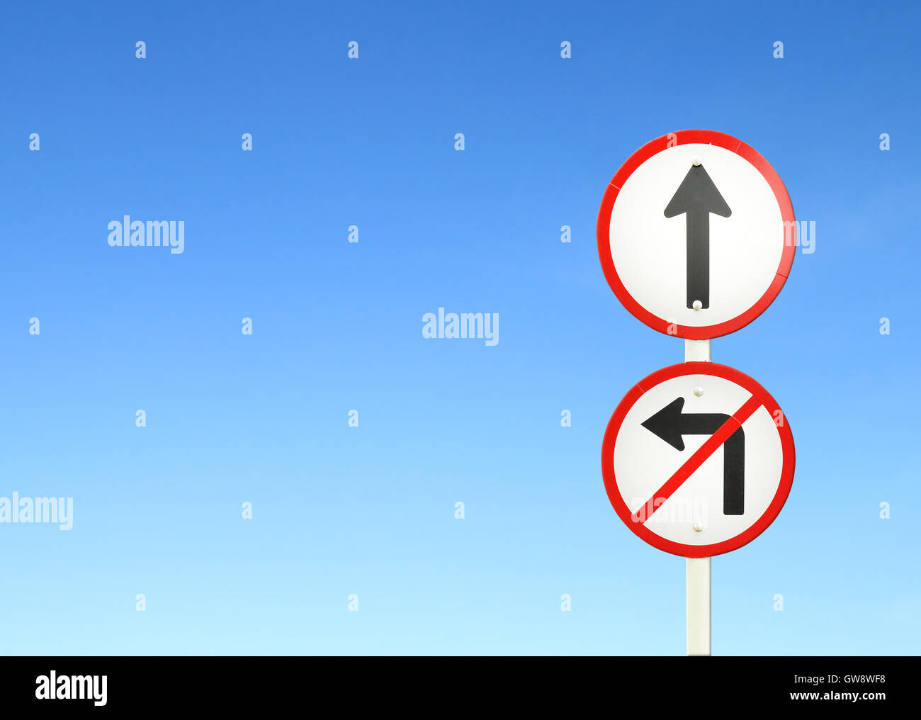 go ahead the way ,forward sign and don't turn left sign Stock Photo