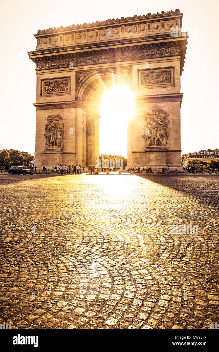 Beautiful sunset over Arc de Triomphe at Place de l'Etoile, Paris, France Stock Photo