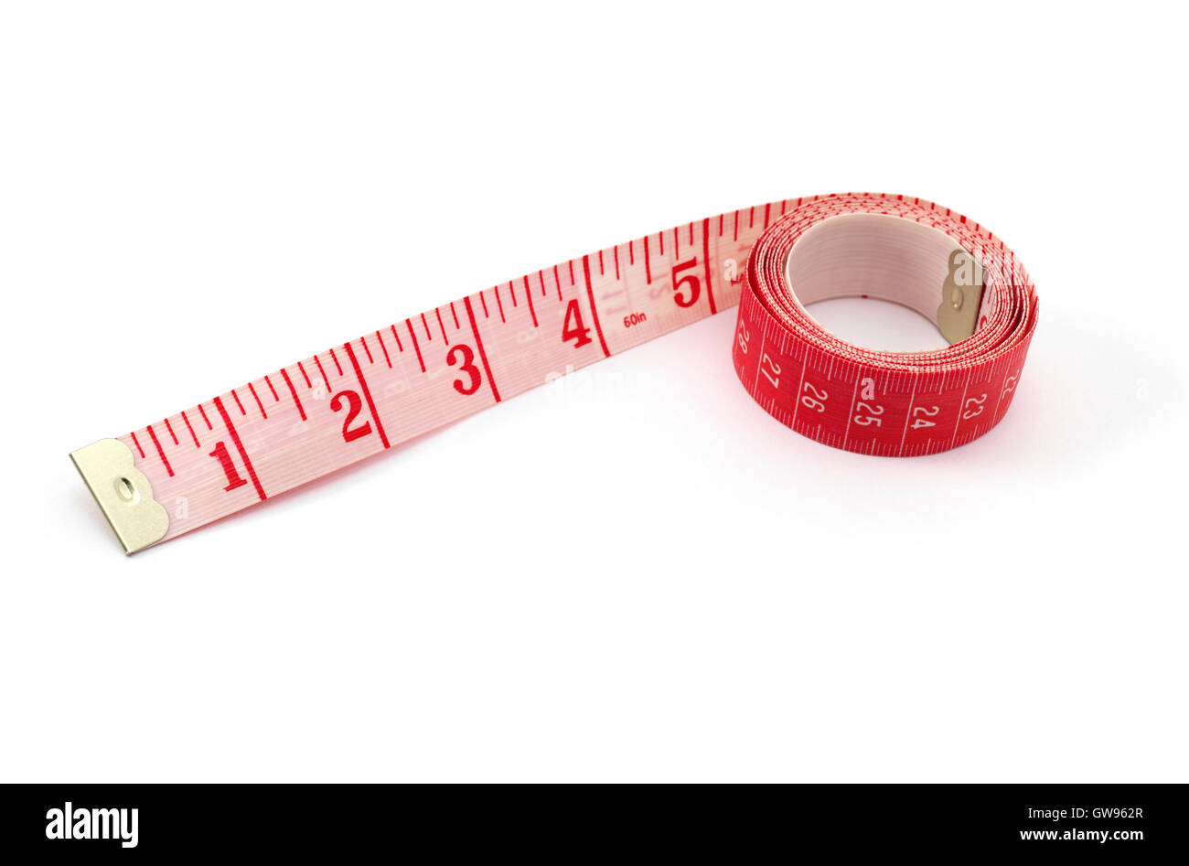 colorful measuring tapes top view on bright red background Stock