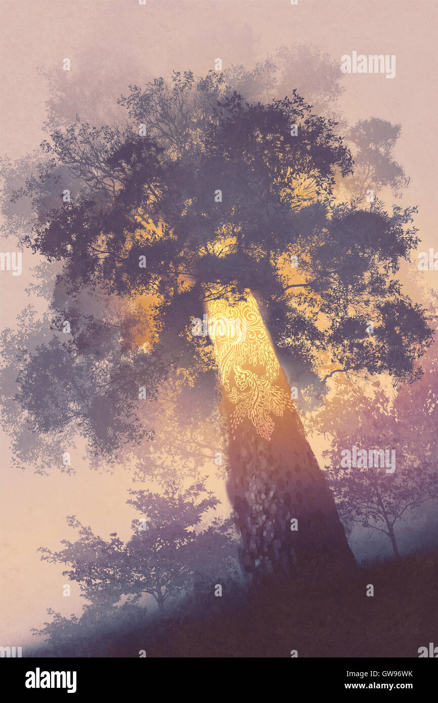 magic tree with light glowing inside,illustration painting Stock Photo