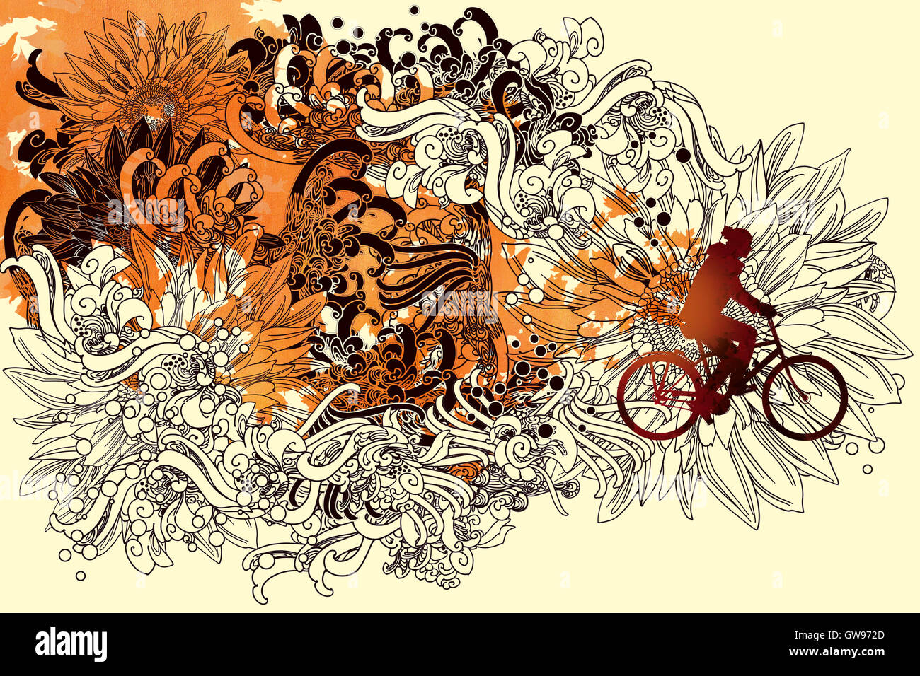 abstract autumn concept with floral line art and man ride a bicycle,illustration painting Stock Photo