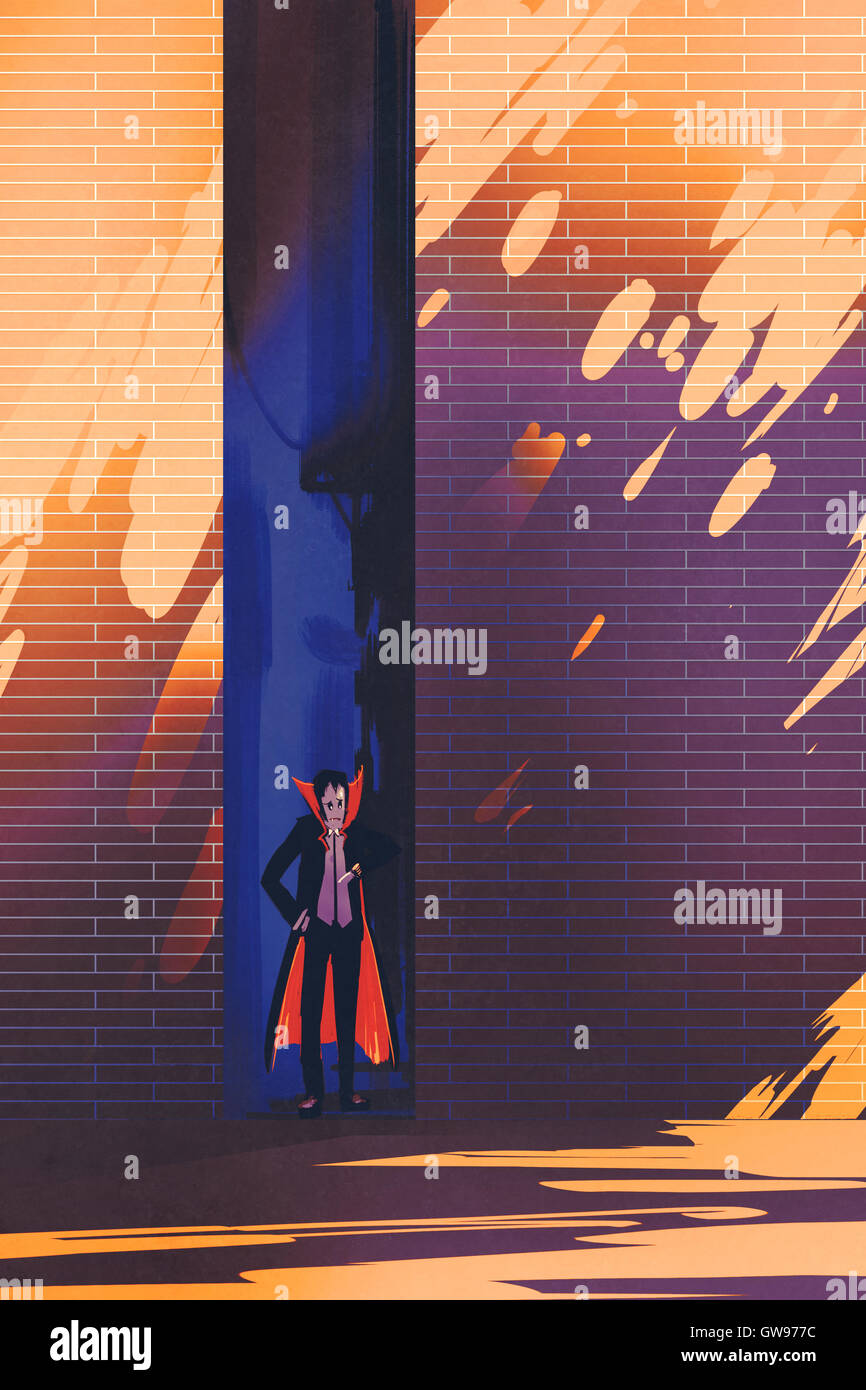 dracula hiding in narrow alley from burning sun,late in morning,illustration painting Stock Photo