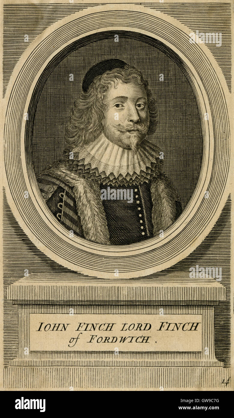 Antique c1780 engraving, John Finch. John Finch, 1st Baron Finch (1584-1660) was an English judge, and politician who sat in the House of Commons at various times between 1621 and 1629. He was Speaker of the House of Commons. SOURCE: ORIGINAL ENGRAVING. Stock Photo