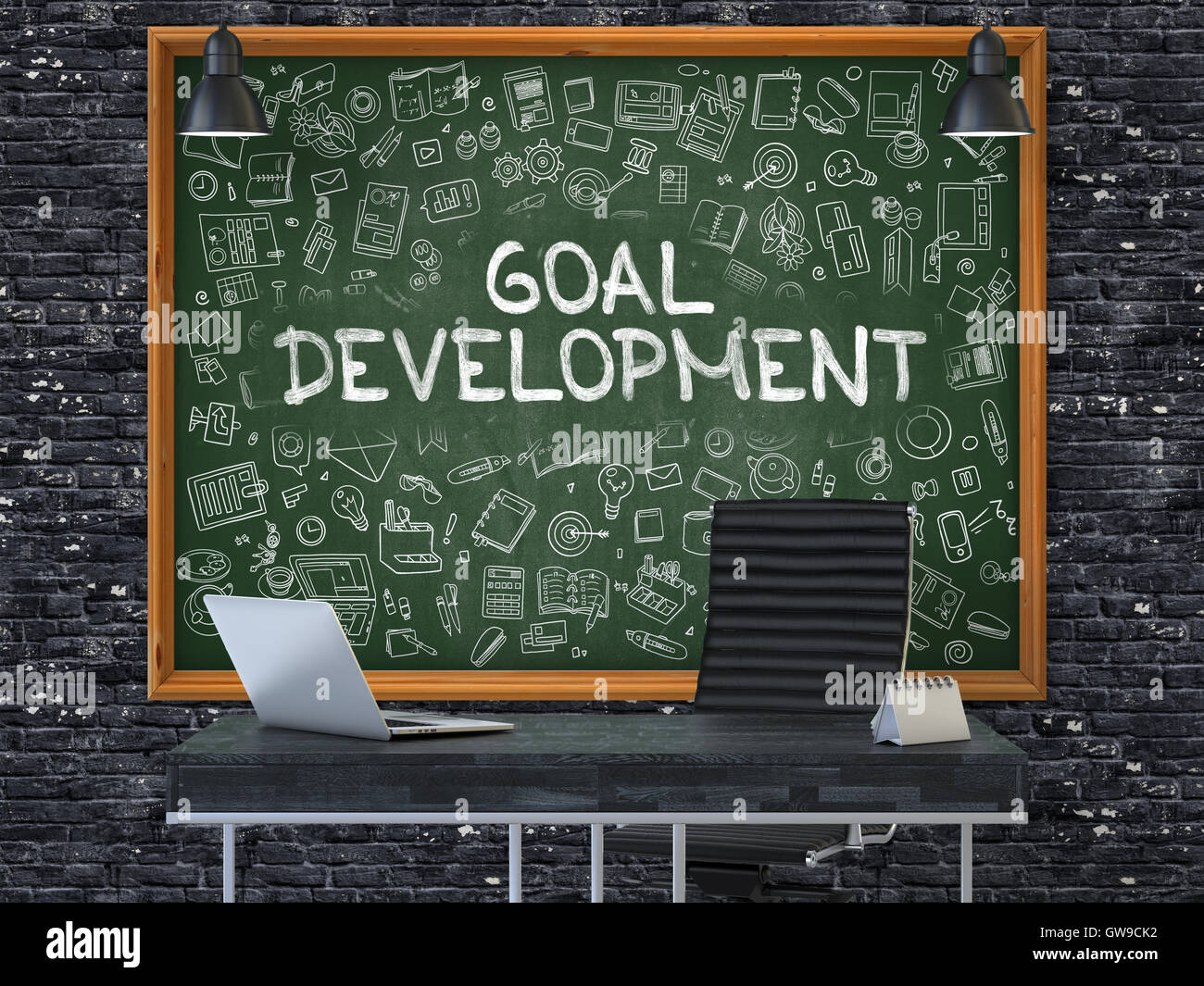 Goal Development Concept. Doodle Icons on Chalkboard. Stock Photo