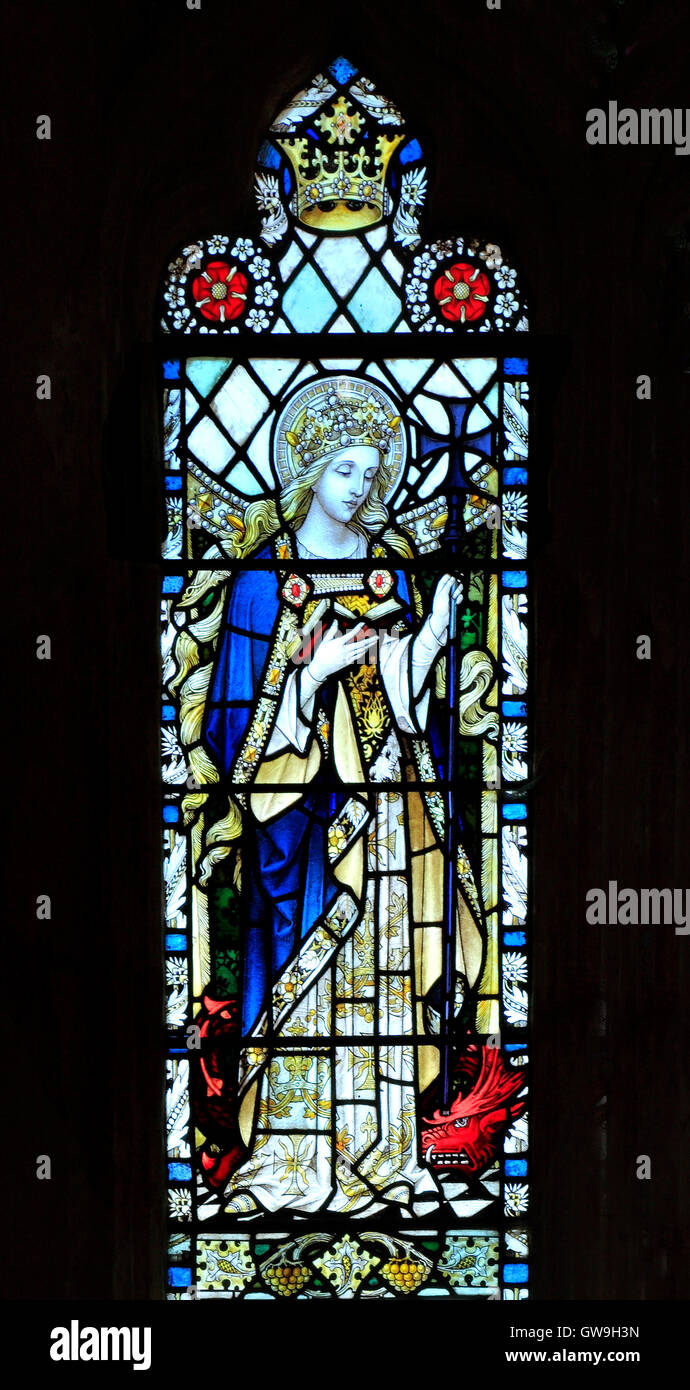 Cley next the Sea, Norfolk.  St. Margaret of Antioch, stained glass window by A.A.Orr, 1923 Stock Photo