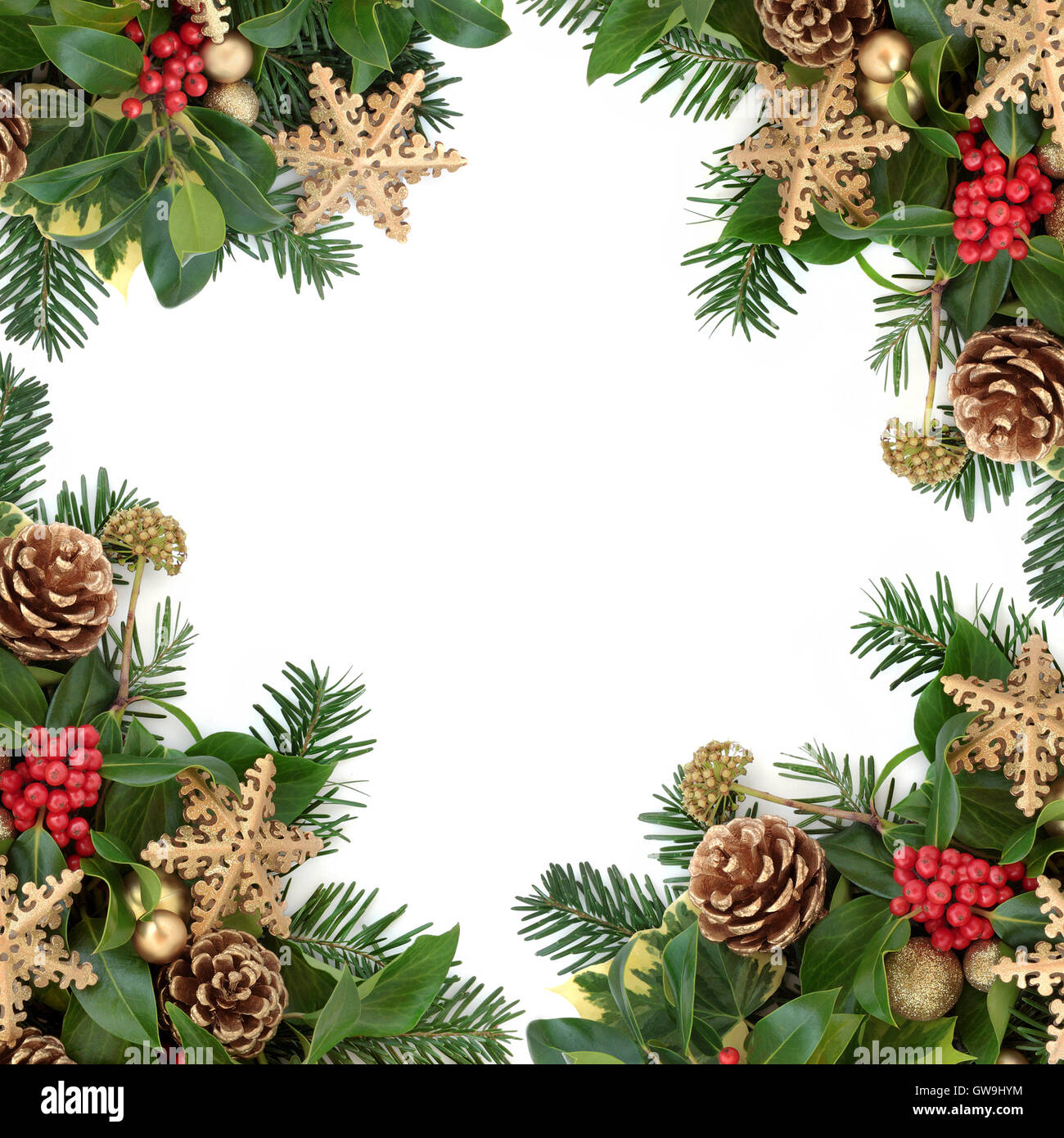 Christmas floral background border with gold snowflake and round bauble ...