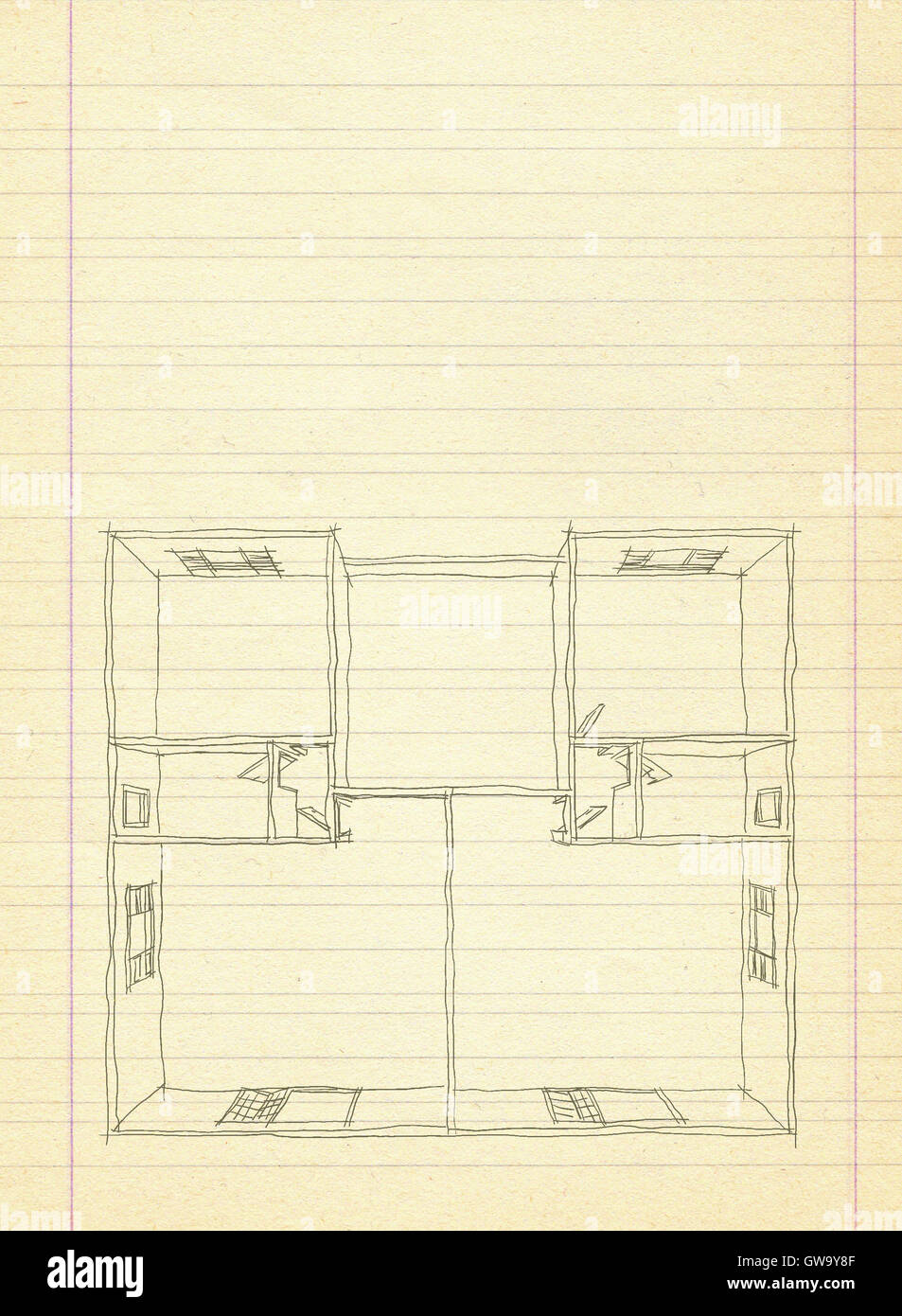 2d freehand sketch drawing of empty home apartment on striped old paper