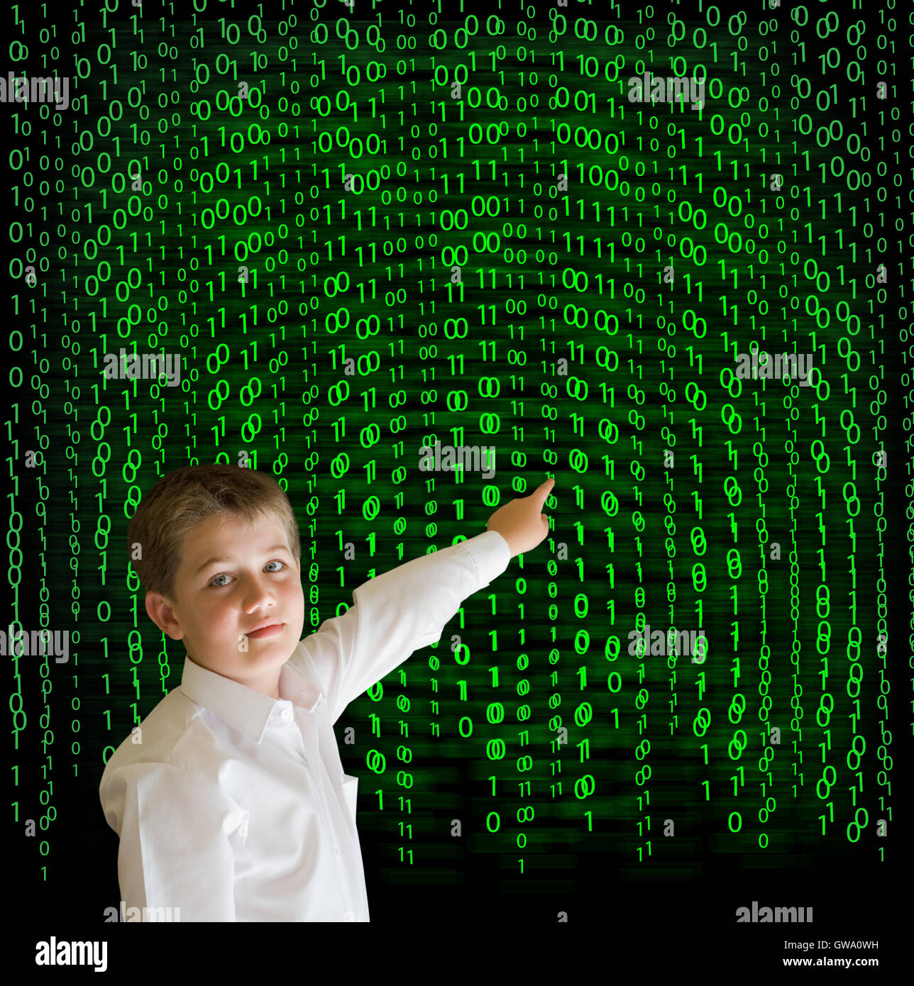 Boy, businessman student teacher with binary on background Stock Photo ...