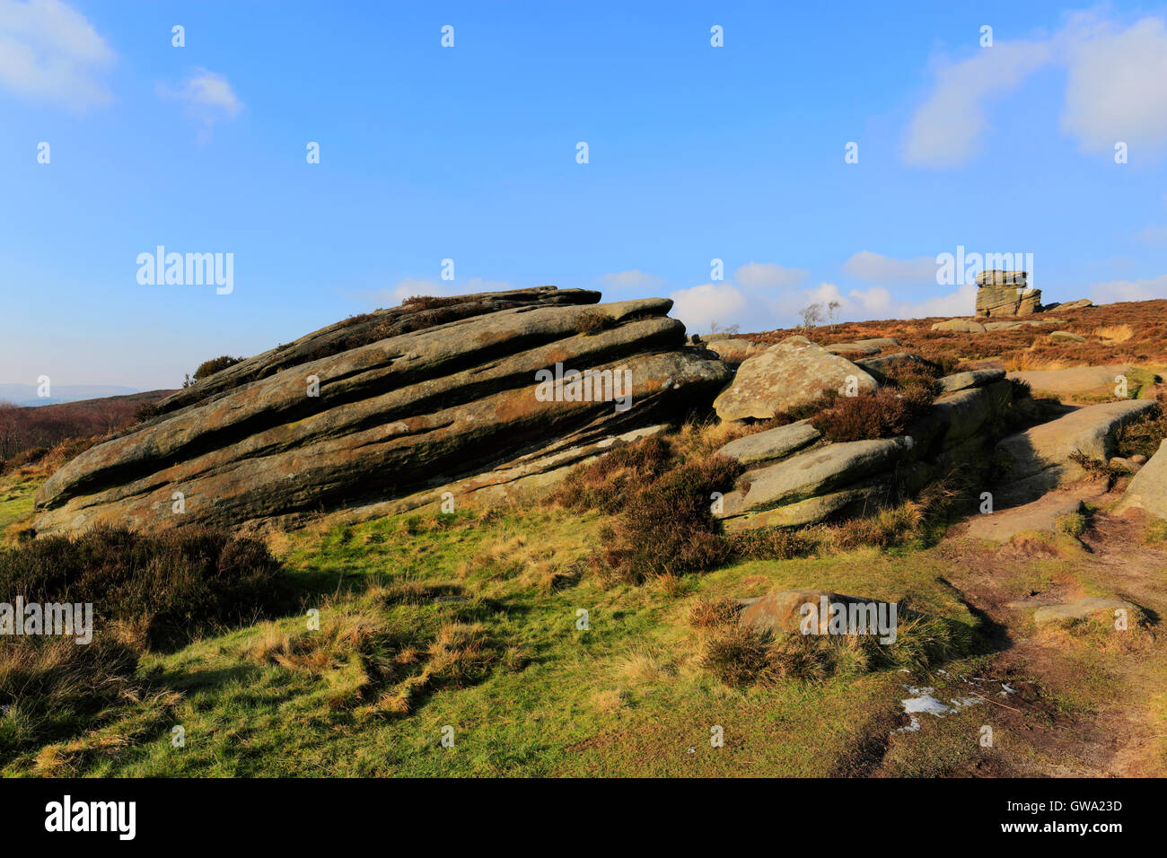 View of the Mother Cap Gritstone rock formation, Millstone Edge, Derbyshire County; Peak District National Park; England; UK Stock Photo