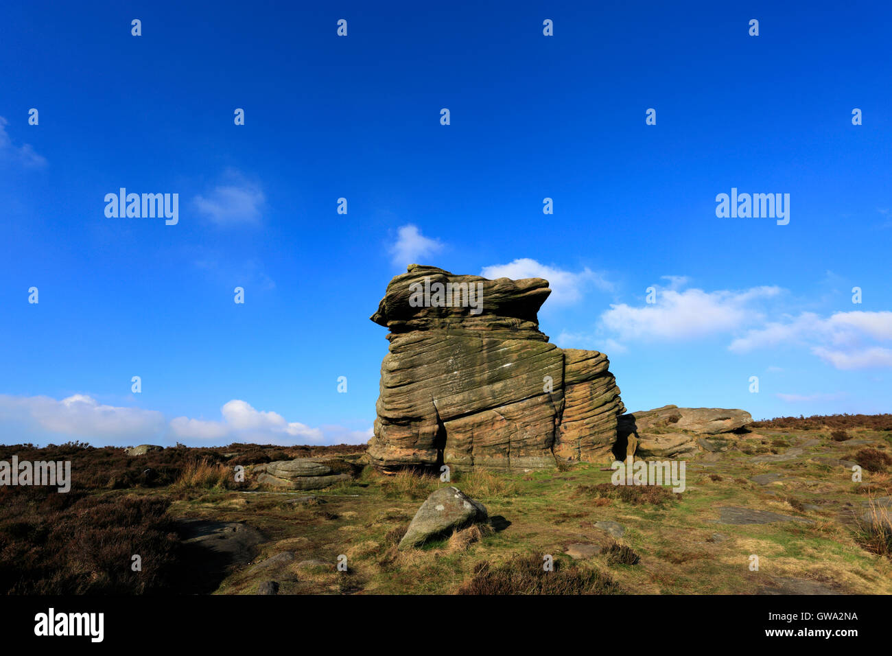 View of the Mother Cap Gritstone rock formation, Millstone Edge, Derbyshire County; Peak District National Park; England; UK Stock Photo