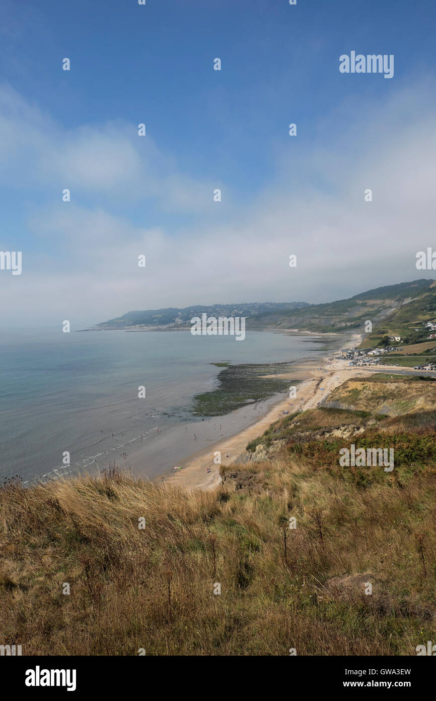 A view from the cliffs east coastal path of the beach Jurassic Coastal town of Charmouth in Dorset, England UK  KATHY DEWITT Stock Photo
