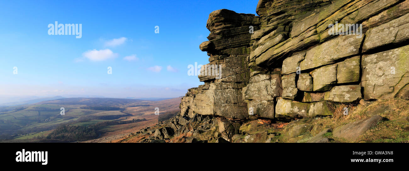 Stanage Edge Rocks Spring landscape over the Gritstone rock formations, Stanage Edge ...