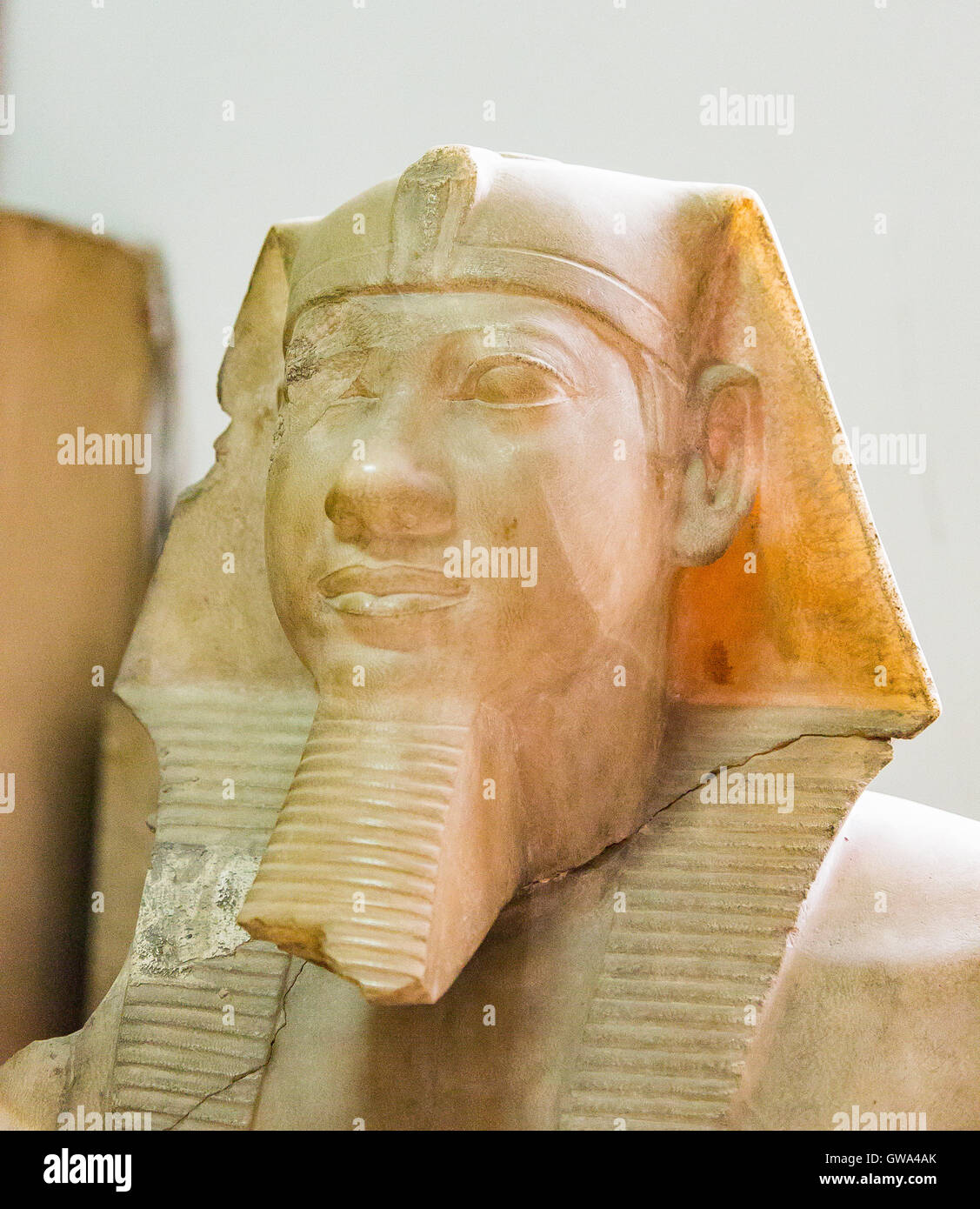 Egypt, Cairo, Egyptian Museum, statue of Menkaure, from his lower temple in Guizeh. He wears the nemes, an uraeus and a beard. Stock Photo