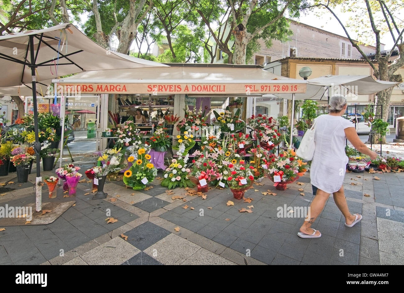 Flower stands on La Rambla on a sunny summer day on August 29, 2016 in Palma, Mallorca, Spain. Stock Photo
