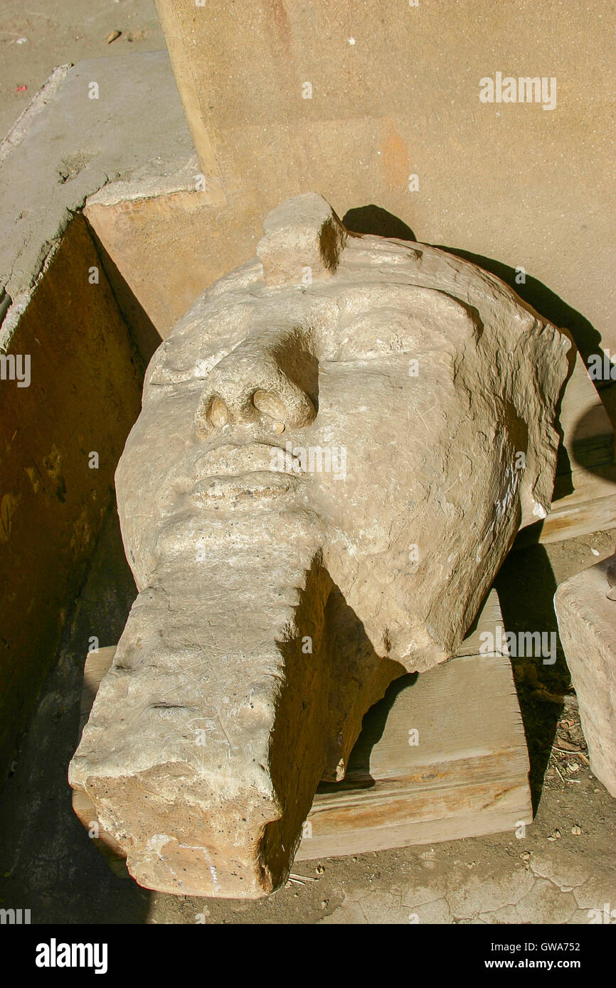 Egypt, Cairo, Heliopolis, open air museum, obelisk parc. Very big head of a colossus. Stock Photo