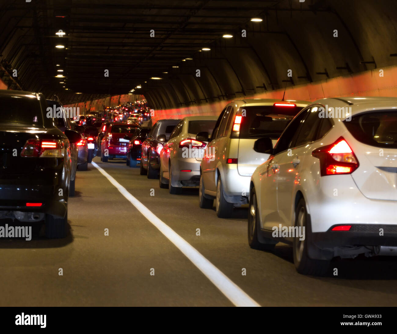 Urban transportation scene: traffic jam in a tunnel in Moscow (Russia). Stock Photo
