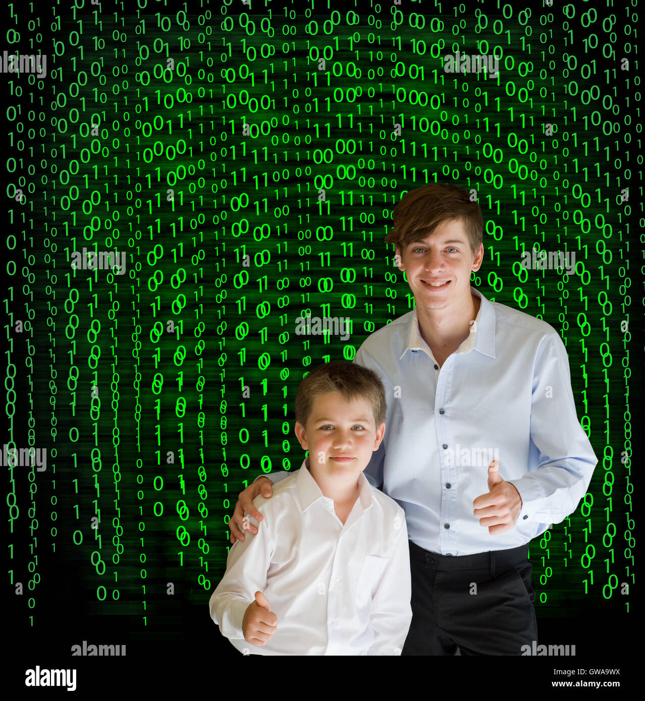 Boy, businessman student teacher with binary on background Stock Photo ...
