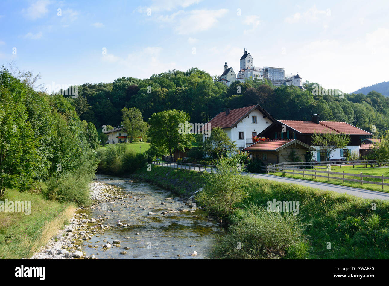 Aschau im Chiemgau: Hohenaschau Castle, river Prien, Germany, Bayern, Bavaria, Oberbayern, Chiemgau, Upper Bavaria Stock Photo