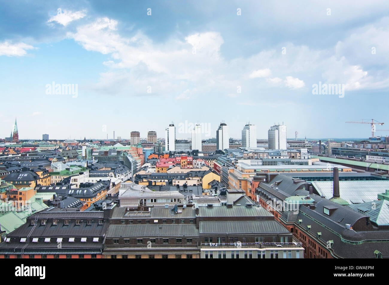 High angle cityscape with highrises and medieval churches in Stockholm, Sweden on June 3, 2016. Stock Photo
