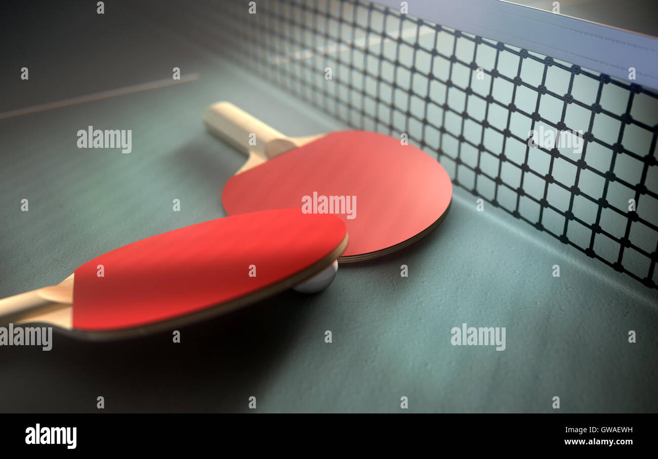A 3d render of a closeup of a table tennis table net and two red paddles resting on it on a dark studio background Stock Photo