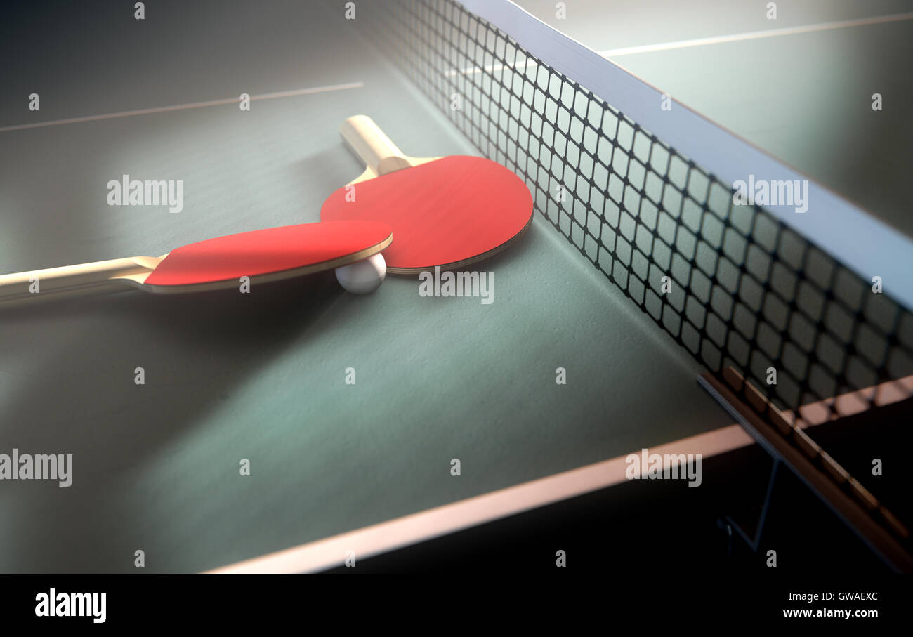 A 3d render of a closeup of a table tennis table net and two red paddles resting on it on a dark studio background Stock Photo
