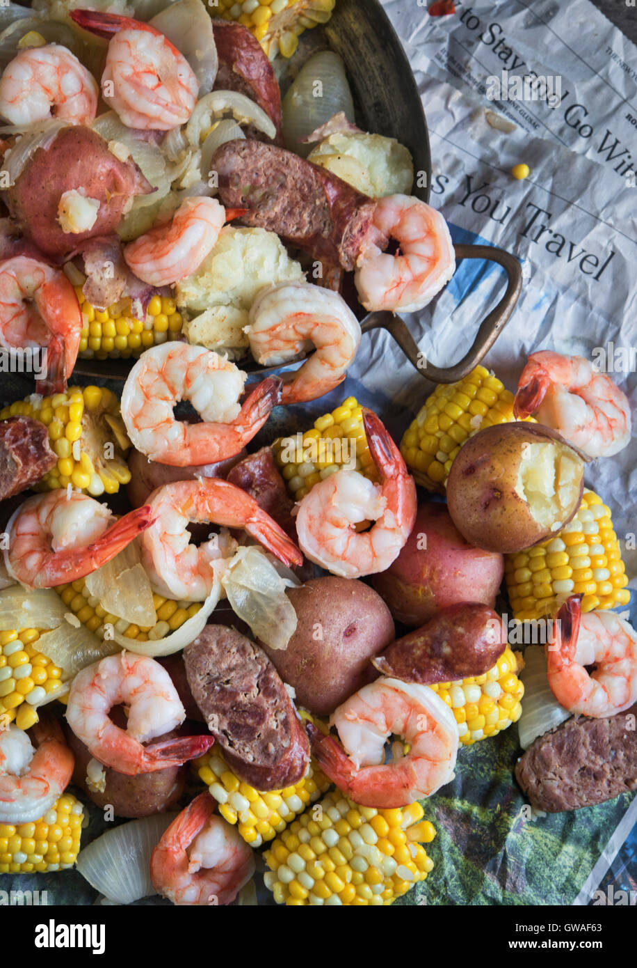Low country boil with shrimp, sausage, corn on the cob, and potatoes