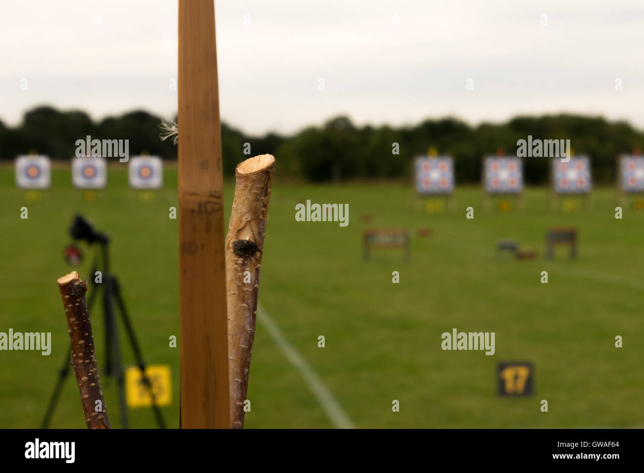 Long bow on stand at archery competition Stock Photo Alamy