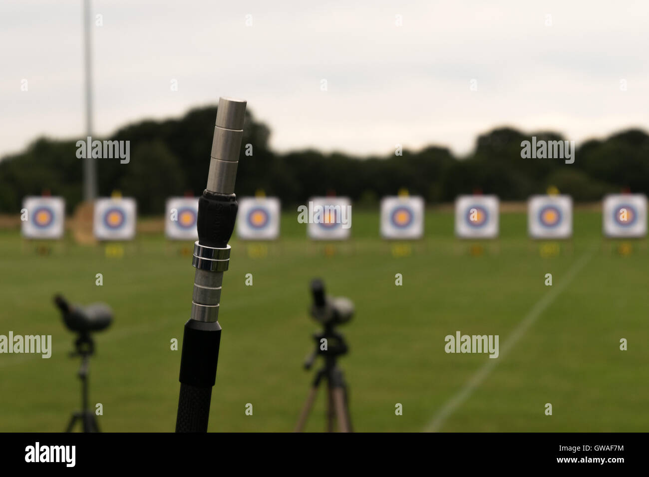 Long rod and targets at archery competition Stock Photo Alamy