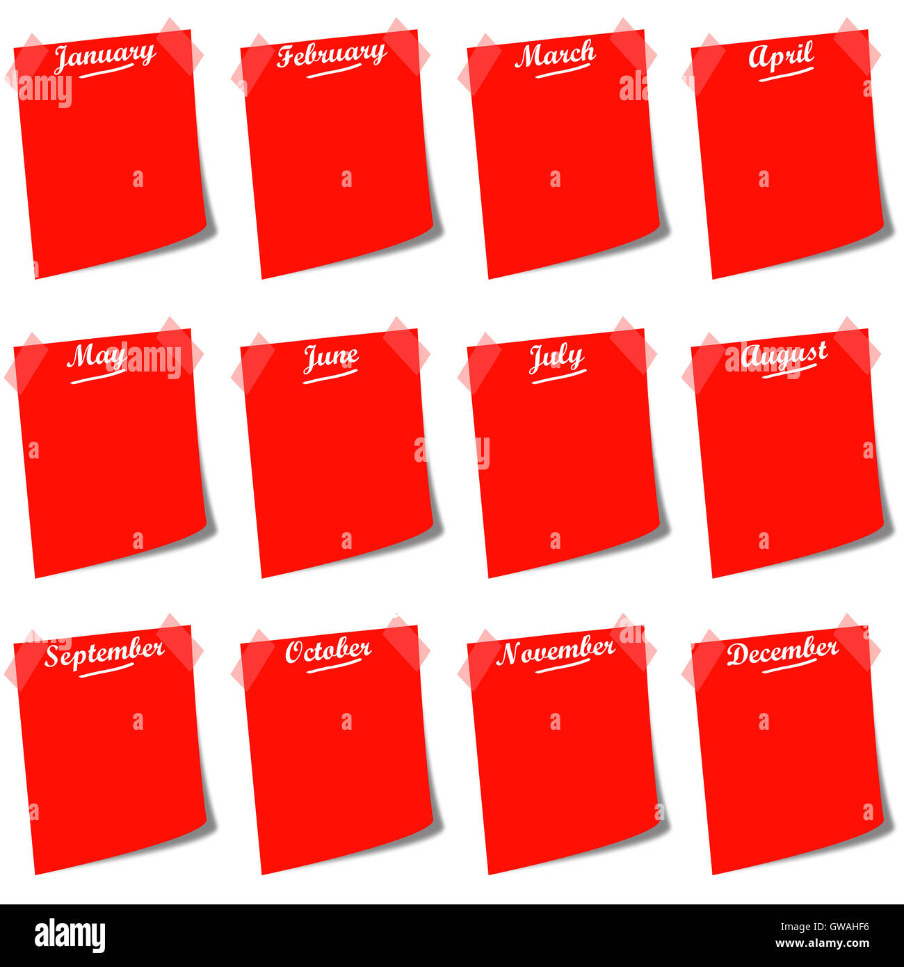 red post it with months calendar Stock Photo - Alamy