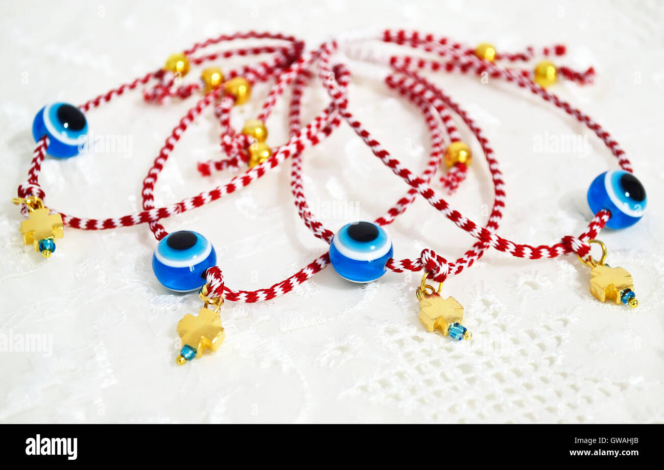 traditional greek march bracelets in red and white colors Stock Photo