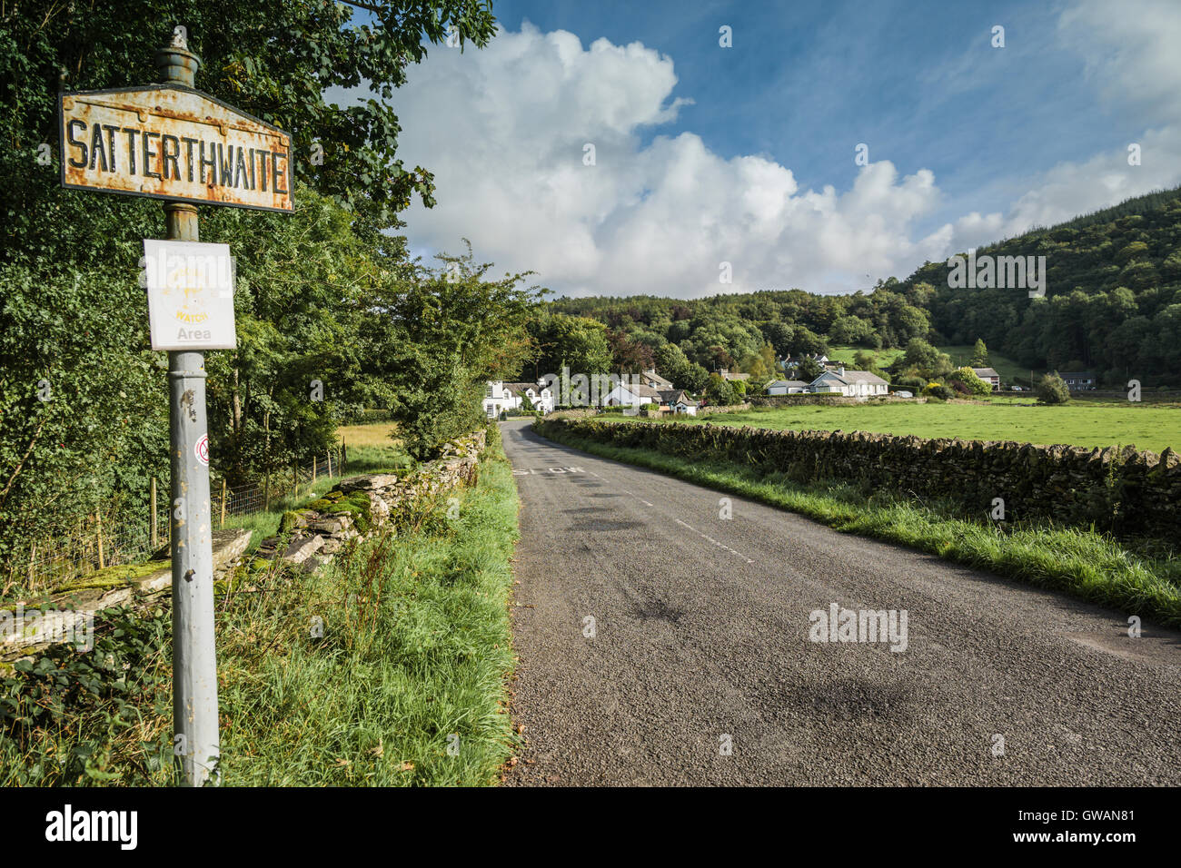 Satterthwaite village sign, English Lake District, Cumbria, UK. Stock Photo