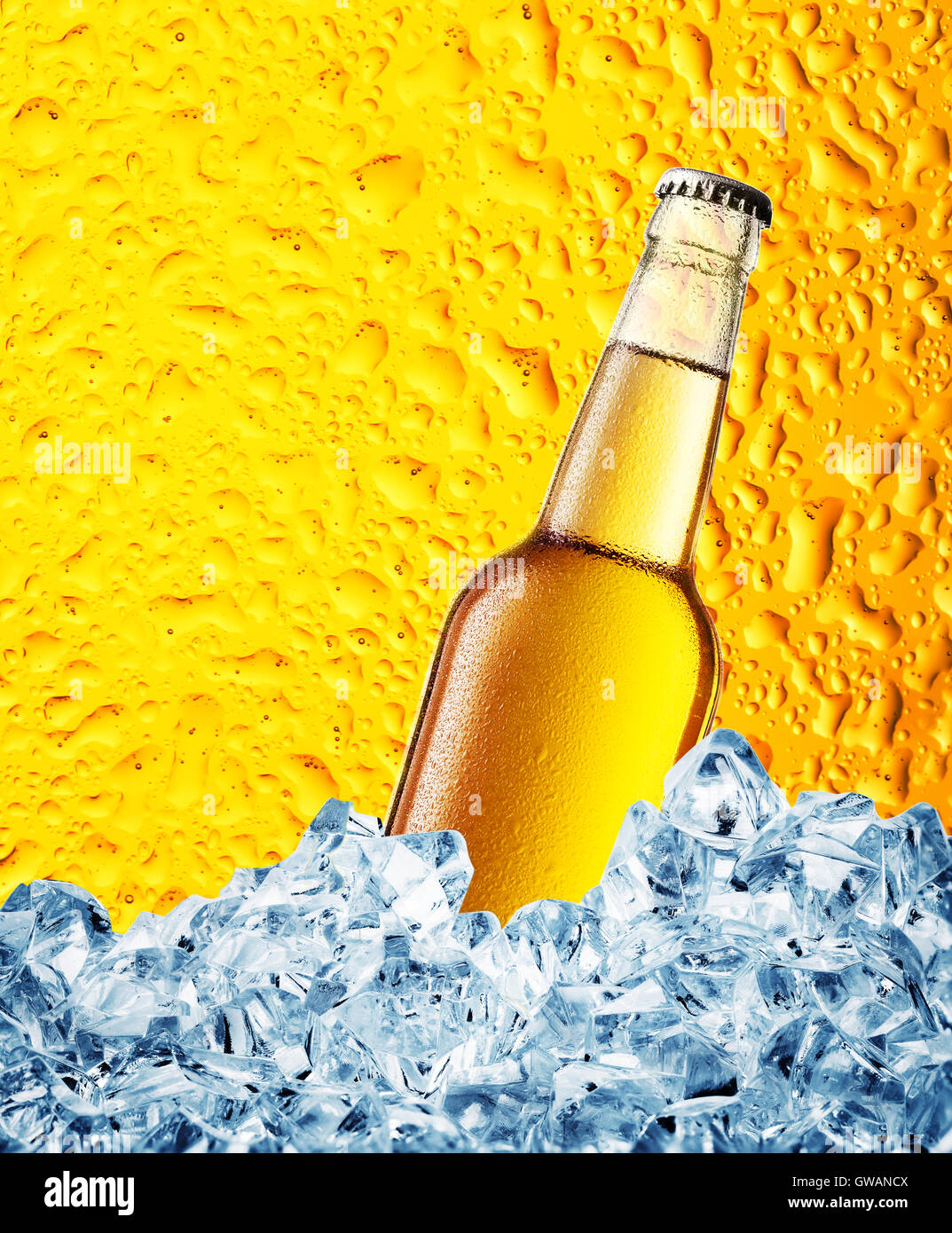 Yellow bottle of beer in ice on yellow background with drops Stock Photo Alamy