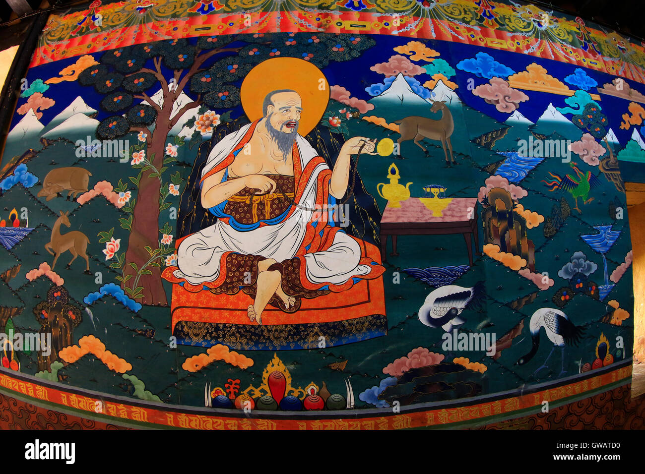 Traditional paintings inside the Paro Dzong, Paro, Bhutan. Stock Photo