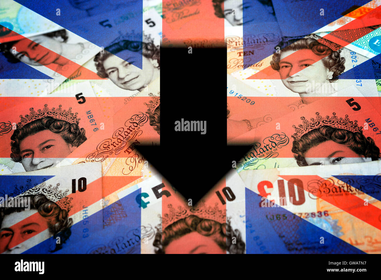 British pound marks, falling pound course, Britische Pfundnoten, stuerzender Pfund-Kurs Stock Photo