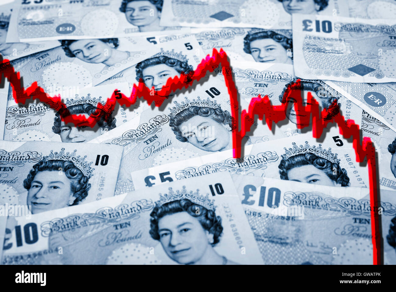 British pound marks with sinking course curve, Britische Pfundnoten mit sinkender Kurskurve Stock Photo