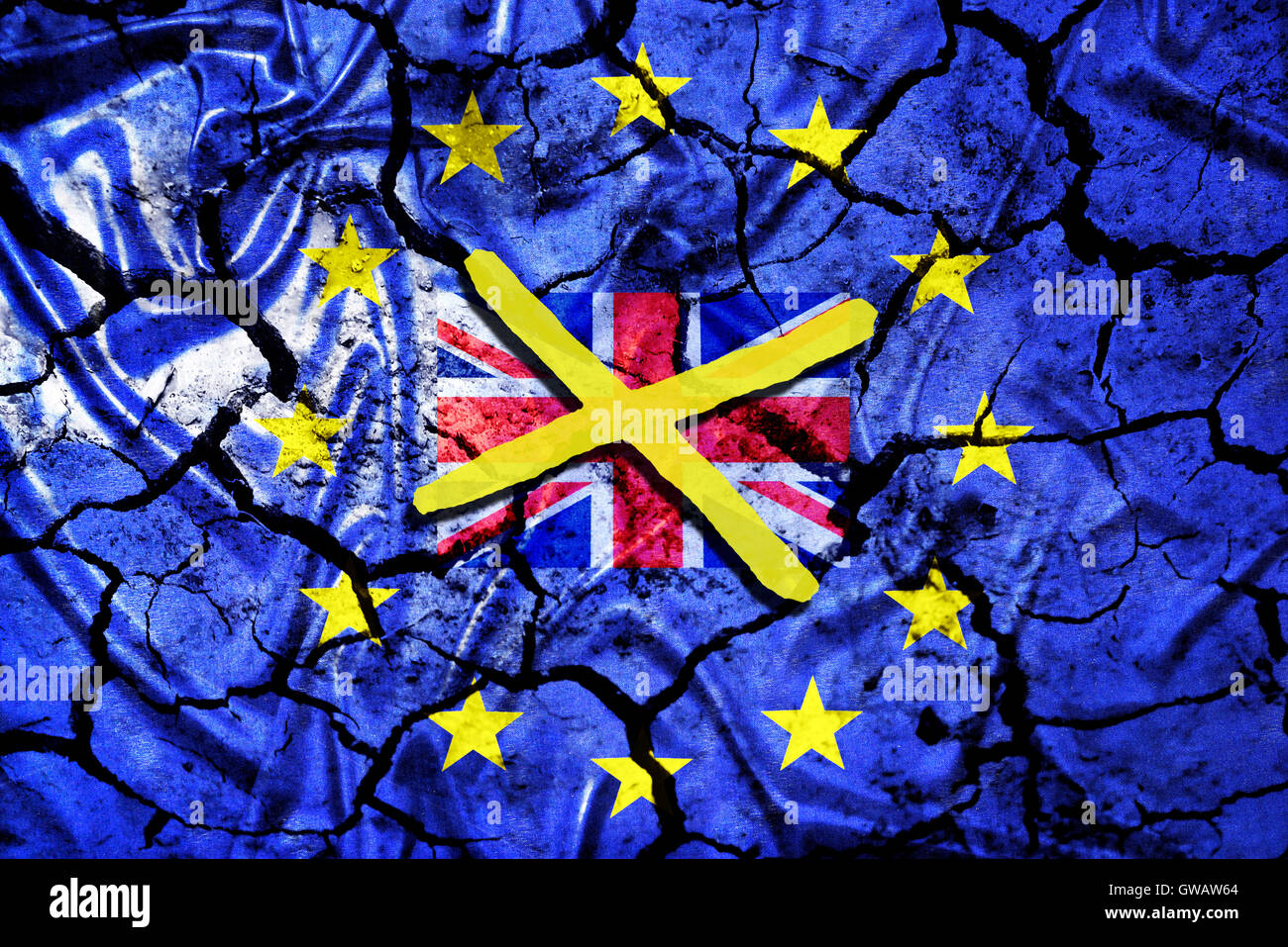 European flag with tears and crossed out Great Britain flag, symbolic photo Europe after the Brexit vote, Europa-Fahne mit Risse Stock Photo