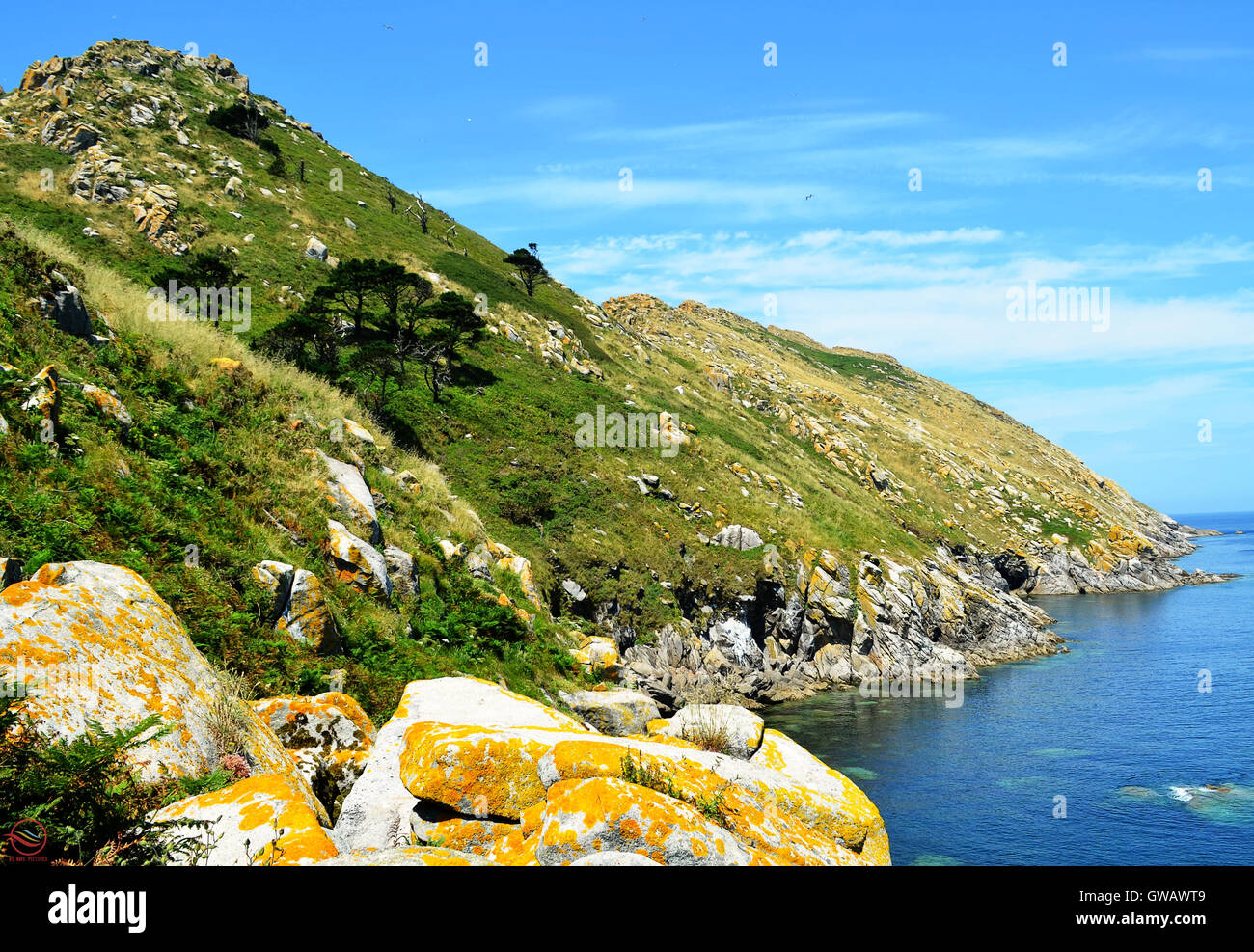 The Cies Islands are an archipelago off the coast of Pontevedra in Galicia (Spain), in the mouth of the Ría de Vigo. Stock Photo