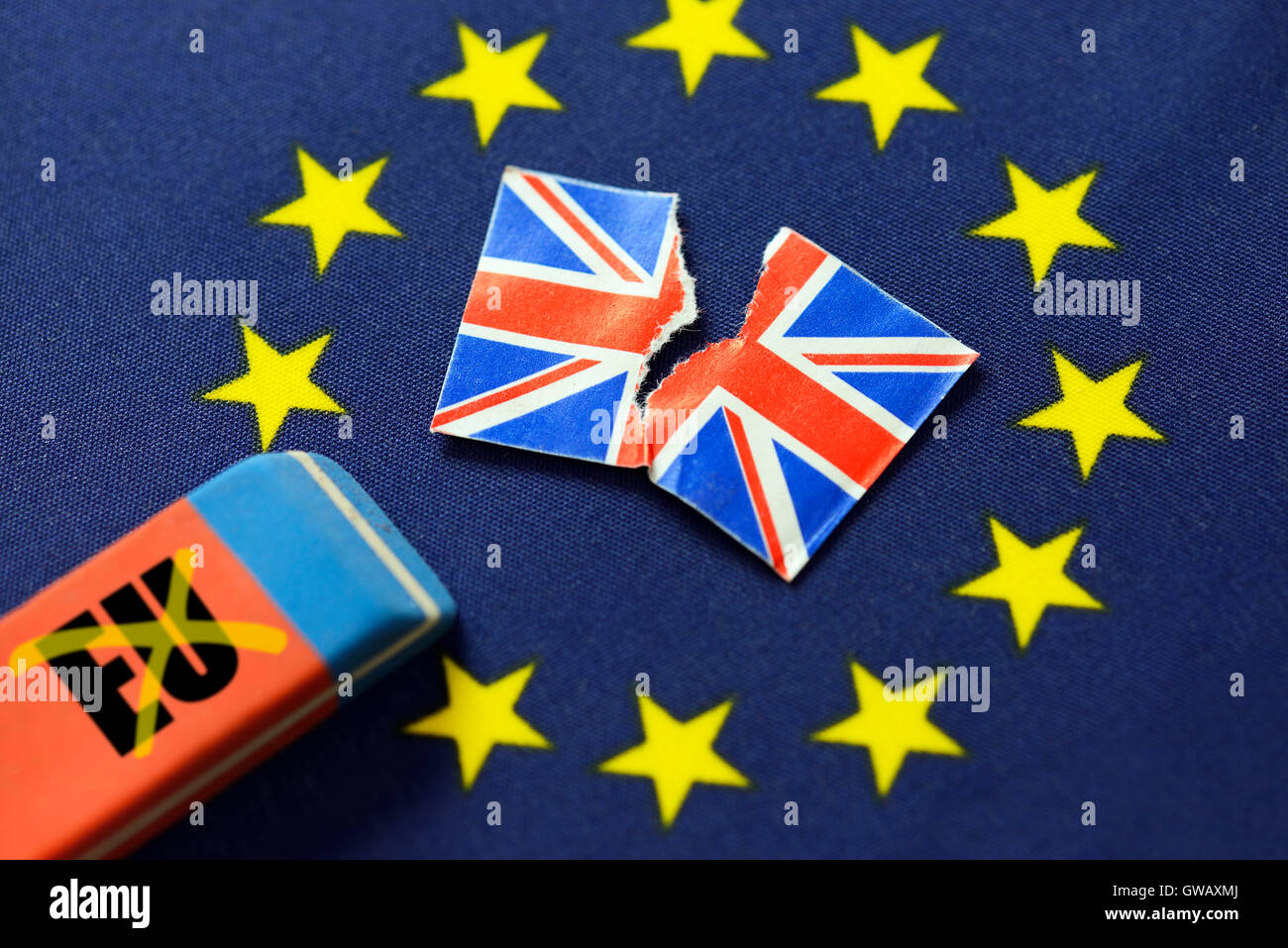 EU flag with erased out star, symbolic photo Brexit, EU-Fahne mit ausradiertem Stern, Symbolfoto Brexit Stock Photo