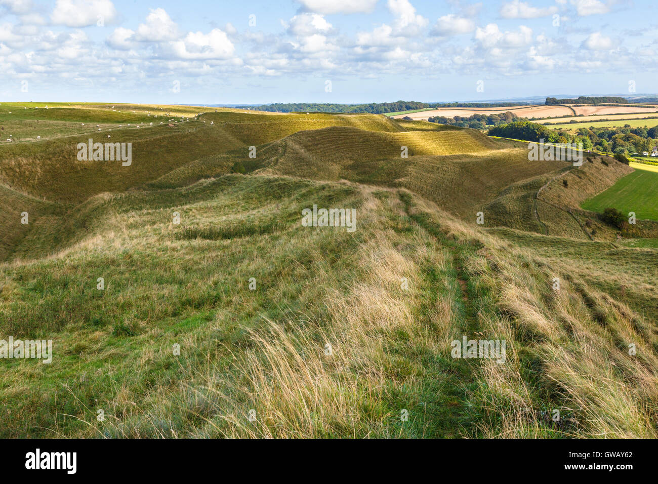 Ditches and ramparts on north side of Maiden Castle Stock Photo