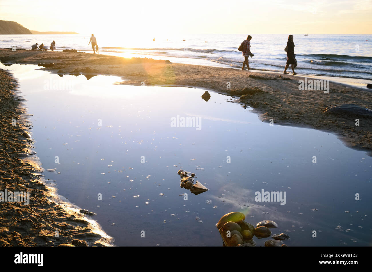People Having a Rest on the Beach and Strolling along the Edge of a Sea at Summer Sunset (Photo Taken at the Baltic Sea) Stock Photo