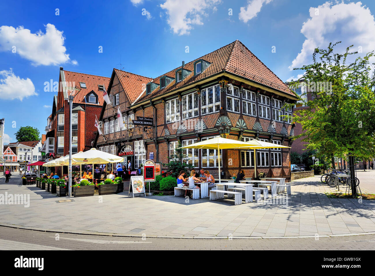 Historical half-timbered house with the restaurant block House in the shopping street Saxon's gate in mountain village, Hamburg, Stock Photo