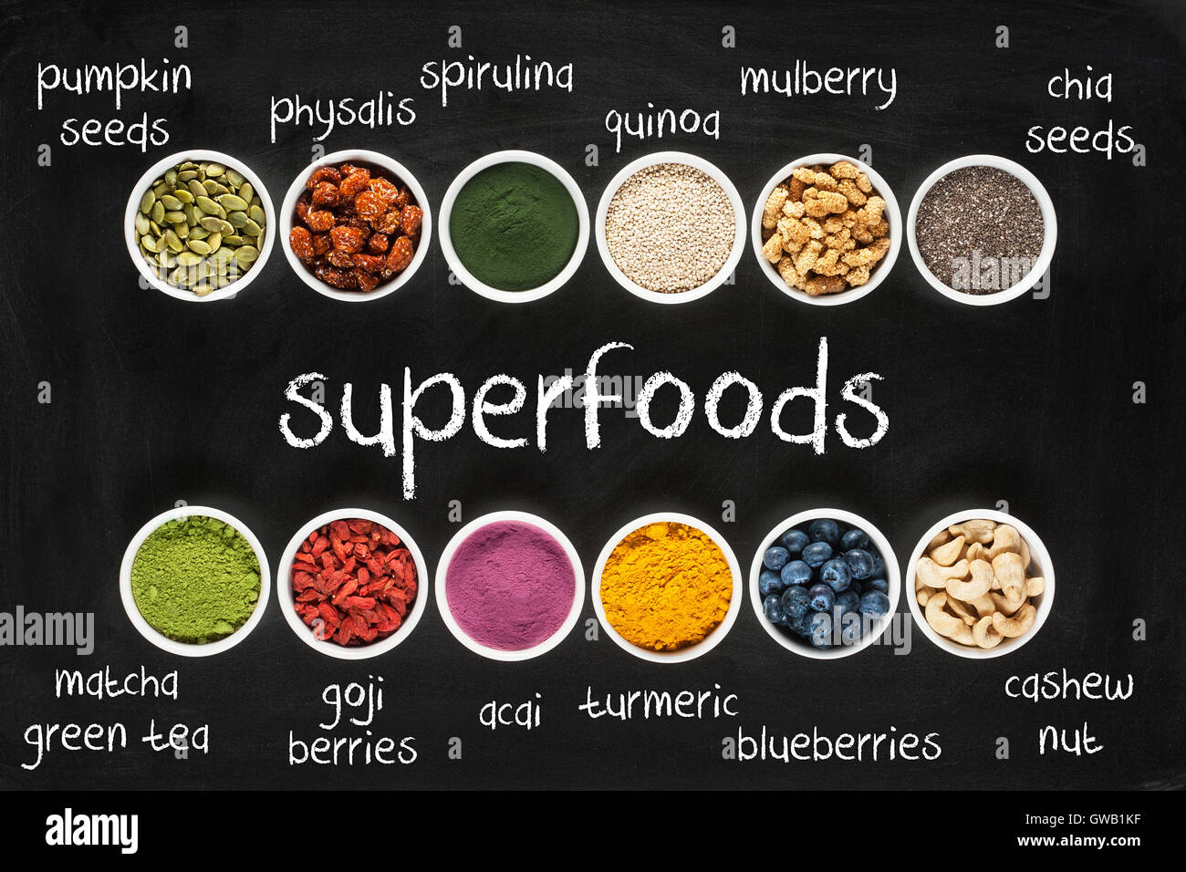 Superfoods collection on chalkboard as background Stock Photo - Alamy