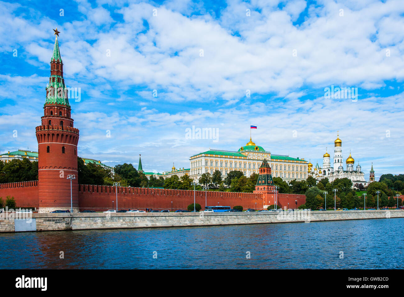 Moscow Kremlin and the Moscow river. Vodovzvodnaya (water pumping) tower of the Kremlin. Grand Kremlin Palace. Stock Photo
