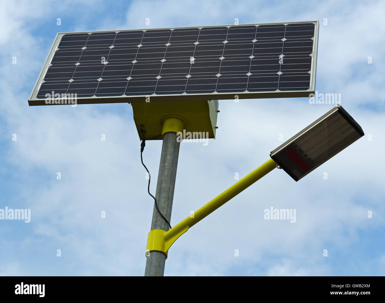 Closeup of solar street light/lamp powered by a solar panel generating ecological/green electricity (energy) Stock Photo