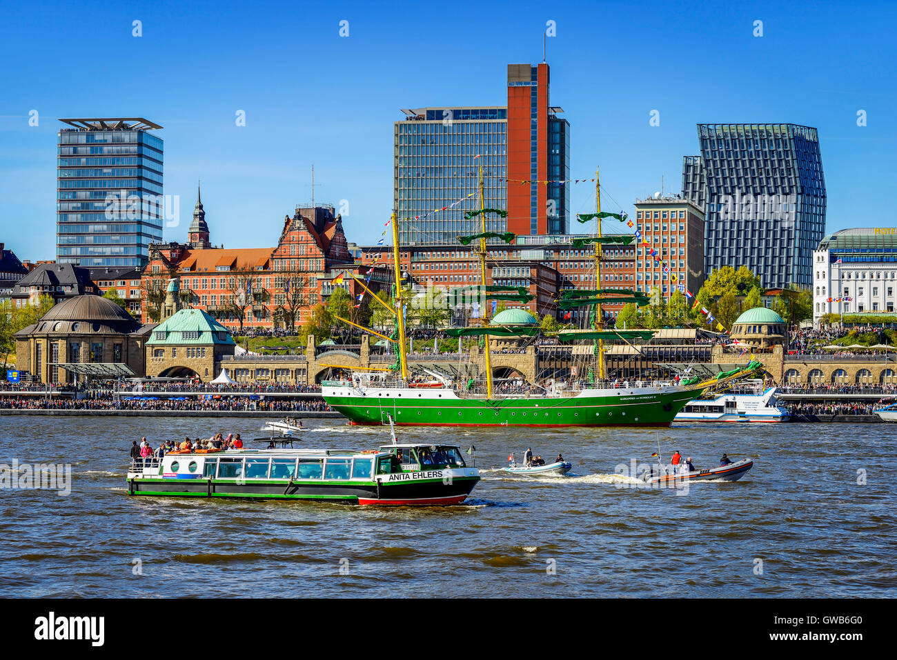 Finish parade for the harbour birthday with the sailing ship Alexander von Humboldt II in Hamburg, Germany, Europe, Einlaufparad Stock Photo
