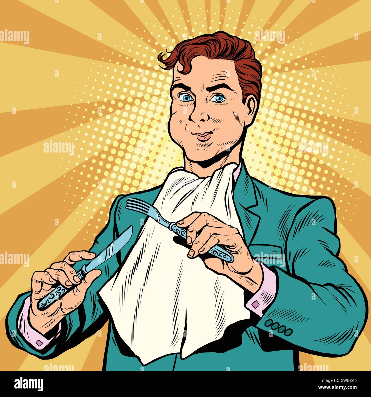 Retro man eats, in the hands holding a knife and fork Stock Vector Image & Art Alamy