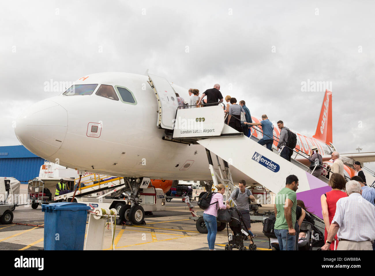 Easyjet Luton; Passengers boarding an Easyjet plane, Luton airport, Luton UK Stock Photo